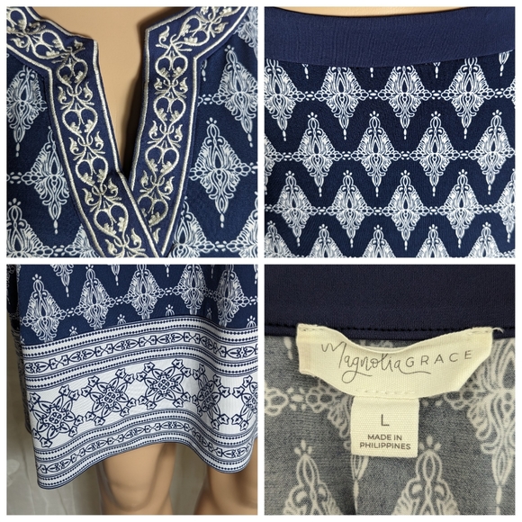 Magnolia Grace navy/white v neck pull on dress sz L Notched Neckline Stretch - Picture 4 of 5